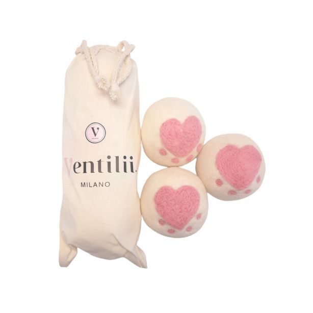3 grote drogerballen van wol (7cm) met roze hartje – Ventilii Milano